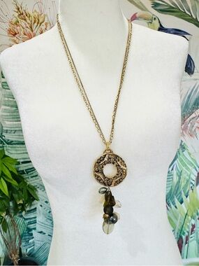 Gold Filigree Pendant Necklace with Brown Olive Bead Tassel Jewelry